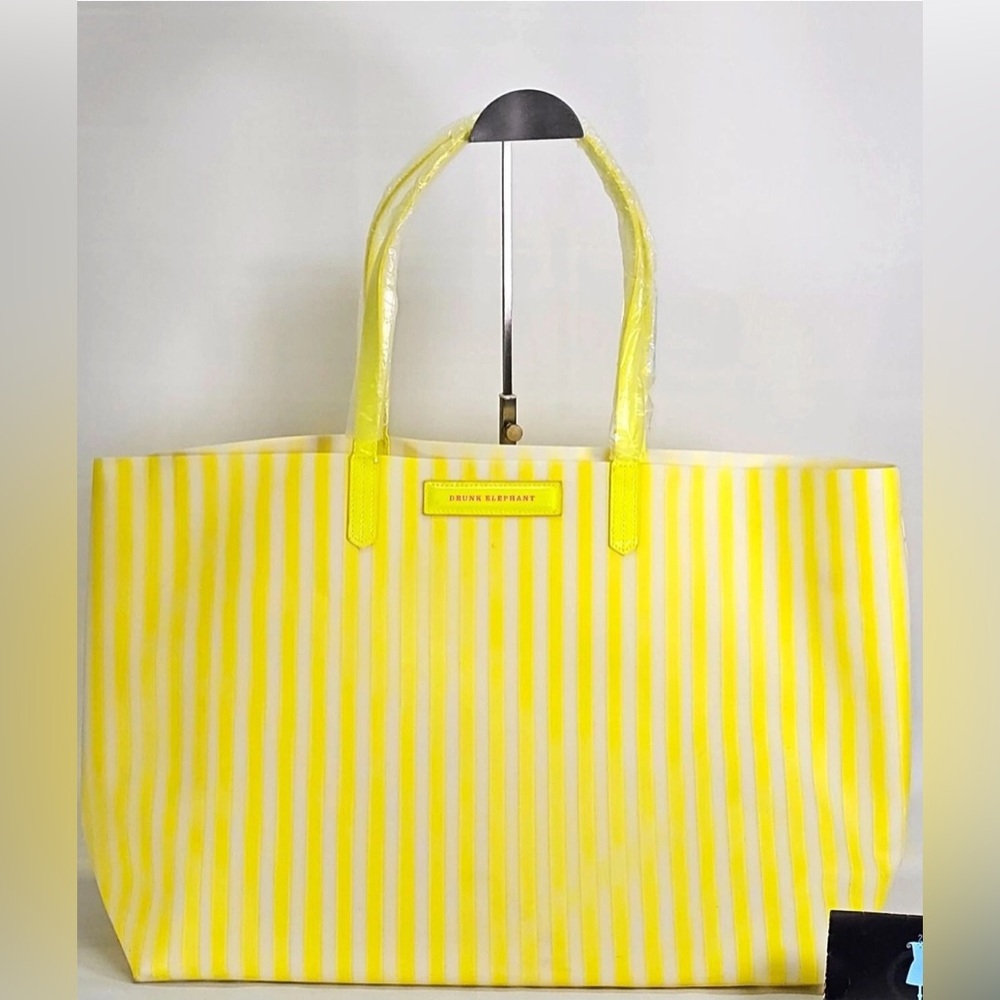 Drunk elephant yellow neon & white striped shopping/beach/ tote bag+coinbag NIP - Picture 1 of 10